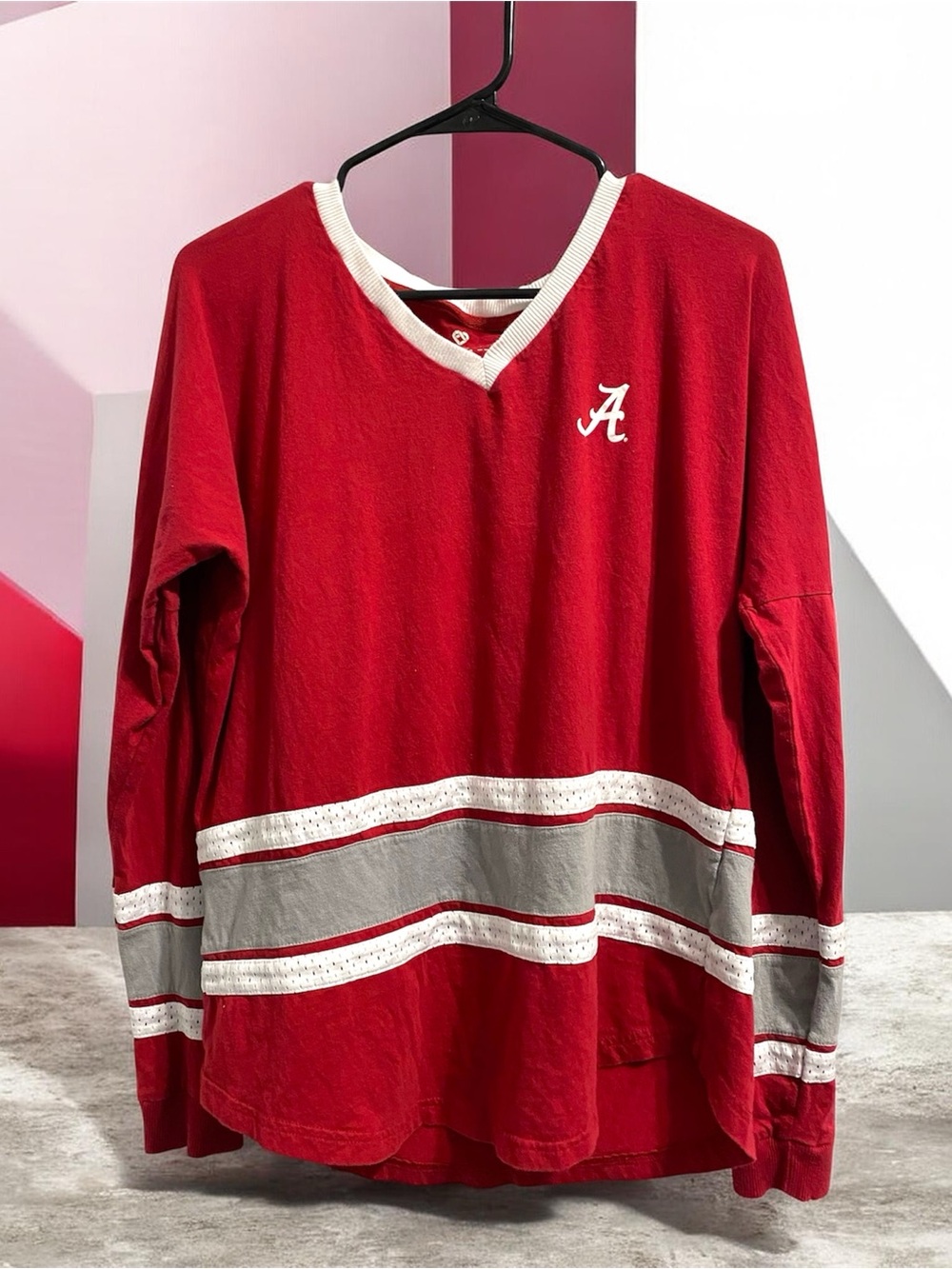Colosseum Red Long-Sleeve V-Neck Top with White & Gray Stripes Alabama